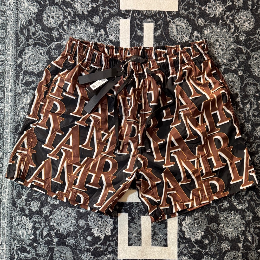 AMIRI Black and Brown Logo-Print Athletic Swim Shorts
